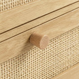 [Oak Effect] Knob and cane-weave detail on Wovena rattan chest of drawers showing grain of solid wood pull