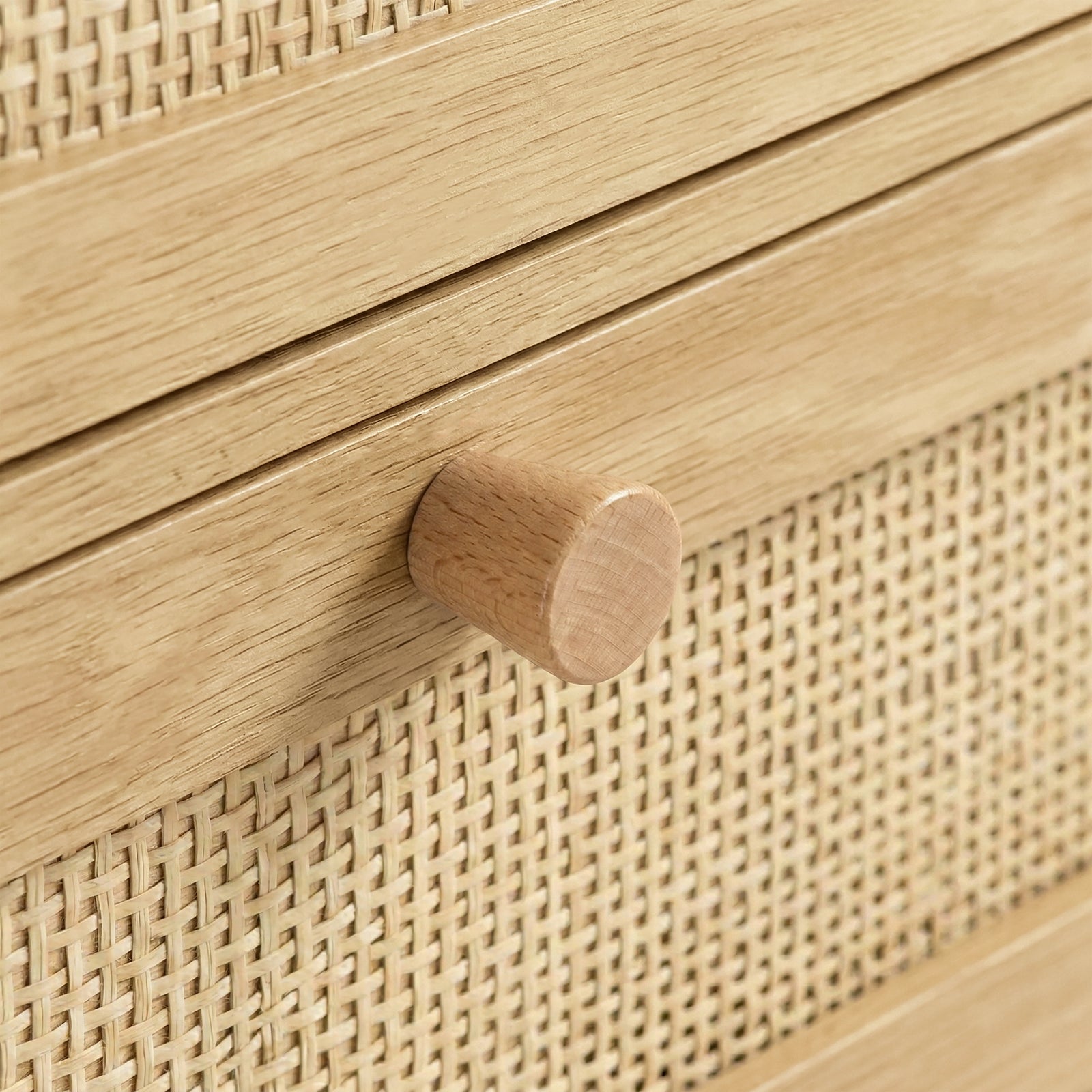 [Oak Effect] Knob and cane-weave detail on Wovena rattan chest of drawers showing grain of solid wood pull