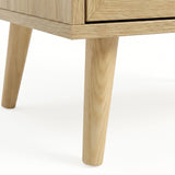 [Oak Effect] Wovena rattan chest of drawers leg detail, two splayed pine legs in light natural finish