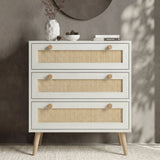 [White] Wovena chest of 3 drawers front view in styled bedroom with round mirror above and decorative objects on top