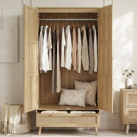 [Oak Effect] 2 door wardrobe of the Wovena rattan bedroom furniture set open, hanging rail and bottom drawer pulled out