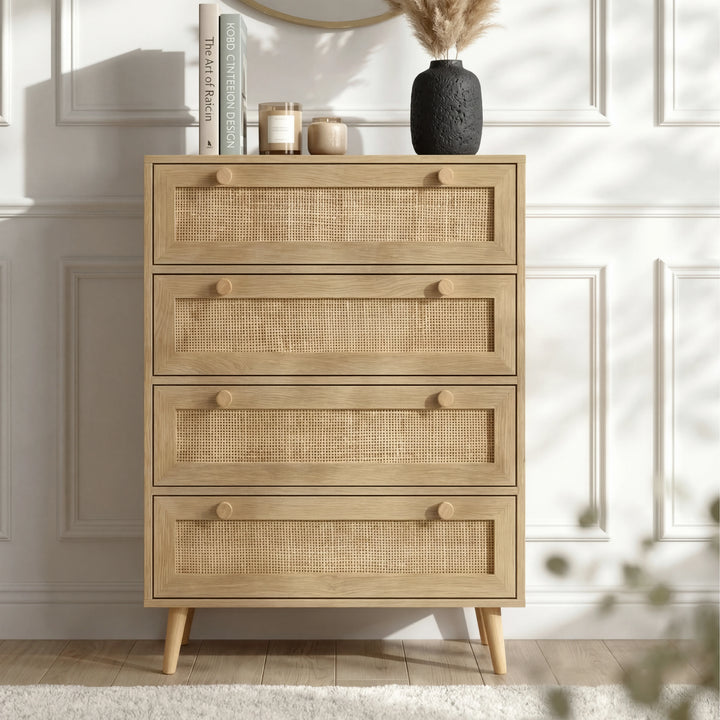 [Oak Effect] Front view of Wovena rattan bedroom furniture set 4 drawer chest with rattan fronts and round knobs