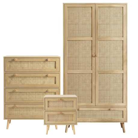 [Oak Effect] Wovena rattan bedroom furniture set cutout: 2 door wardrobe, 4 drawer chest, 2 drawer bedside in oak