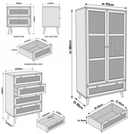 [Oak Effect] Wovena rattan bedroom furniture set sizes: wardrobe 90x55x180, chest 70x40x95, bedside 30x40x50 cm