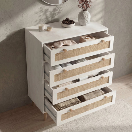 [White] Wovena rattan bedroom furniture set chest of drawers fully open: cane fronts pulled out with folded clothes