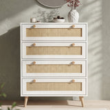 [White] Wovena rattan bedroom furniture set chest in room with oak knobs, tapered legs and round mirror behind