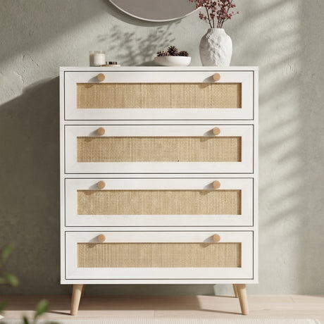 [White] Wovena rattan bedroom furniture set chest in room with oak knobs, tapered legs and round mirror behind