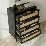 [Black] Wovena chest with all four drawers open in a lifestyle setting, revealing organised clothing and accessories inside