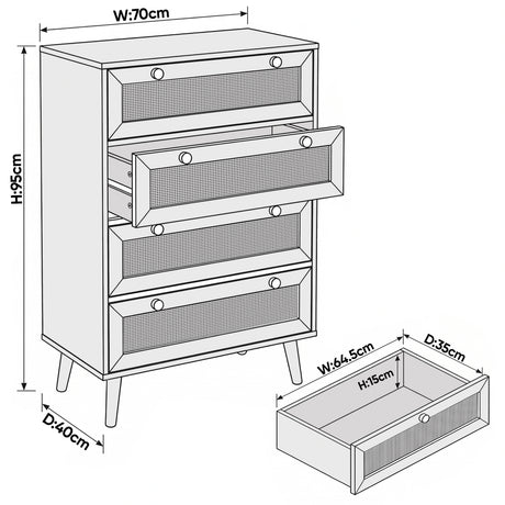 [Black] Wovena chest of 4 drawer dimensions showing W:70cm, H:95cm, D:40cm overall and drawer interior measurements