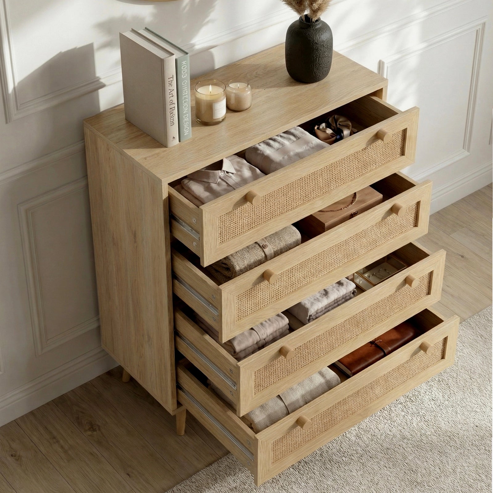 [Oak] Wovena chest with all four drawers open from above showing neatly folded clothing in a bright styled room