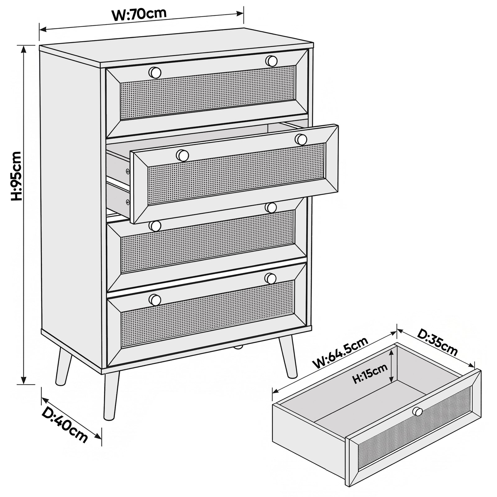 [Oak] Wovena chest dimensions diagram showing W:70cm, H:95cm, D:40cm overall and drawer interior measurements