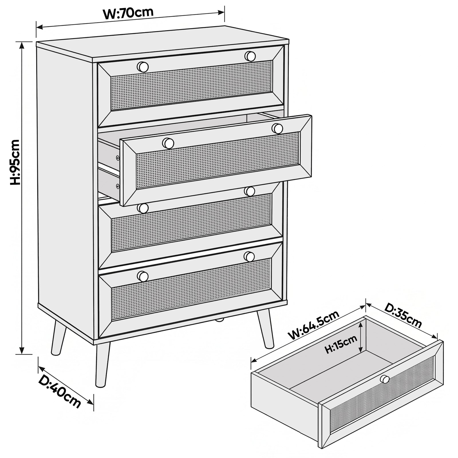 [Oak] Wovena chest dimensions diagram showing W:70cm, H:95cm, D:40cm overall and drawer interior measurements