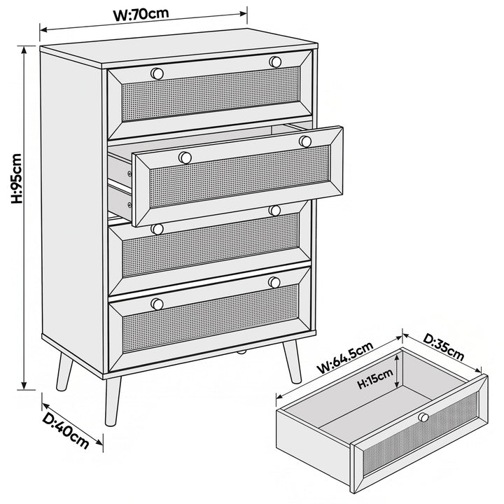 [Oak] Wovena chest dimensions diagram showing W:70cm, H:95cm, D:40cm overall and drawer interior measurements