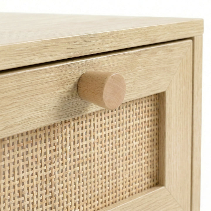 [Oak] Wovena chest close-up detail showing a cylindrical wooden knob handle above a woven rattan drawer front panel
