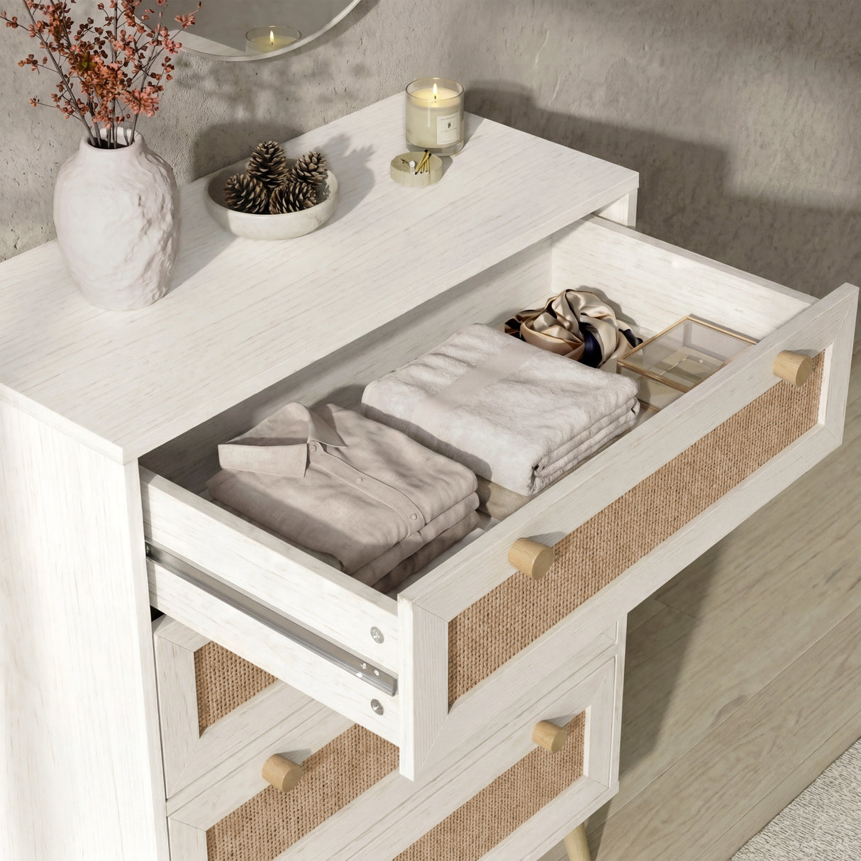[White] Open top drawer of Wovena rattan chest, metal runner glides, rattan panel, round knob.