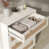 [White] Open top drawer of Wovena rattan chest, metal runner glides, rattan panel, round knob.