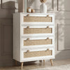 [White] Wovena rattan chest shown from the side, round knobs, tapered pine legs, white melamine body