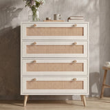 [White] Wovena rattan chest front-on, 4 white drawers with cane mesh, round wood knobs, pine legs