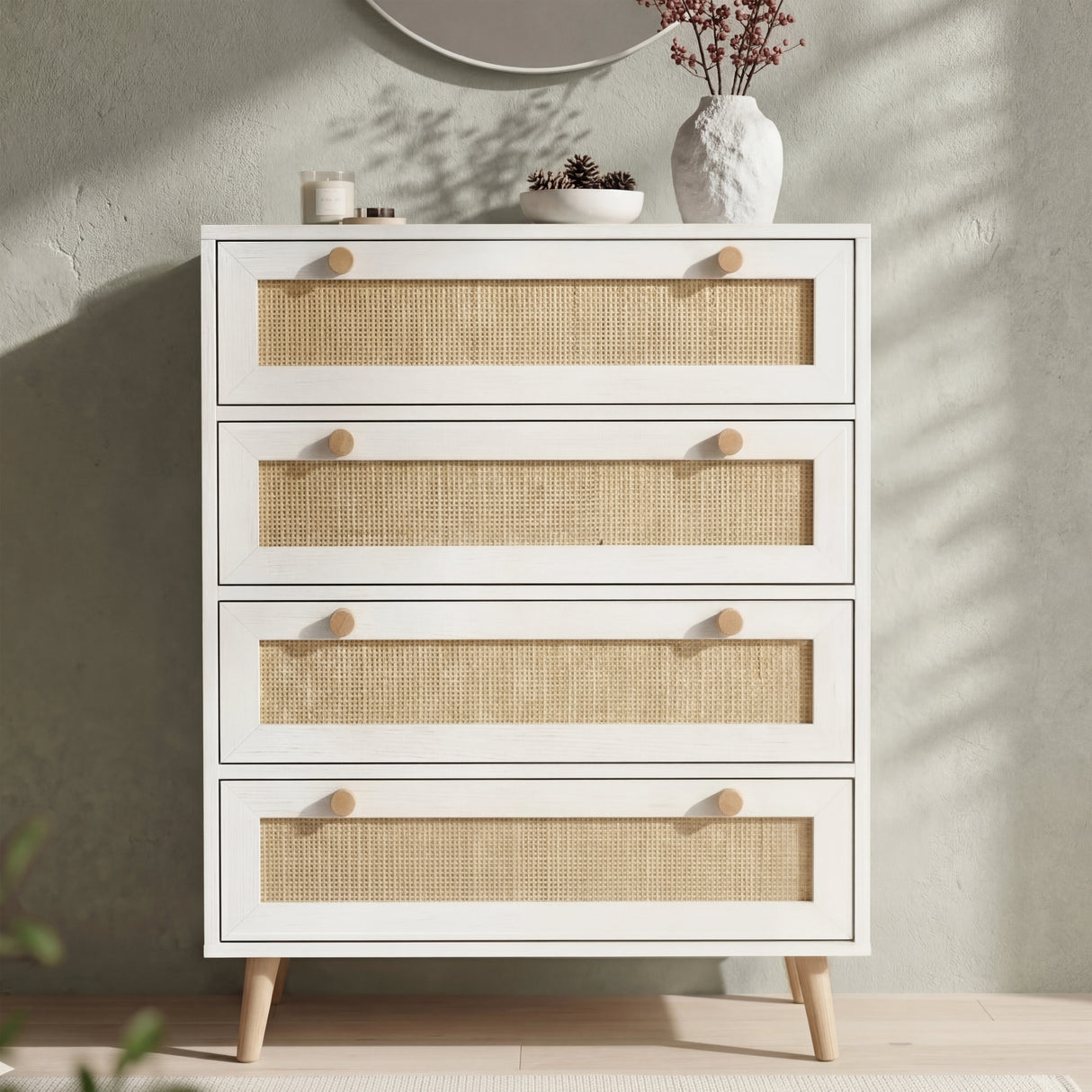 [White] Wovena rattan chest front-on, 4 white drawers with cane mesh, round wood knobs, pine legs
