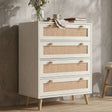 [White] Wovena rattan chest shown from the side, round knobs, tapered pine legs, white melamine body