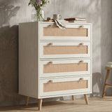 [White] Wovena rattan chest shown from the side, round knobs, tapered pine legs, white melamine body