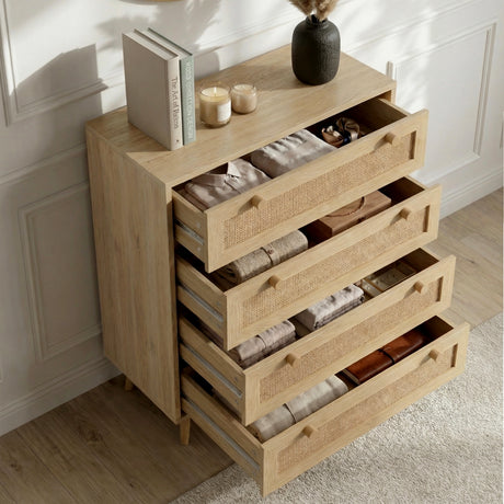 [Oak Effect] All four drawers open on Wovena rattan bedroom furniture set chest, candles and books on top