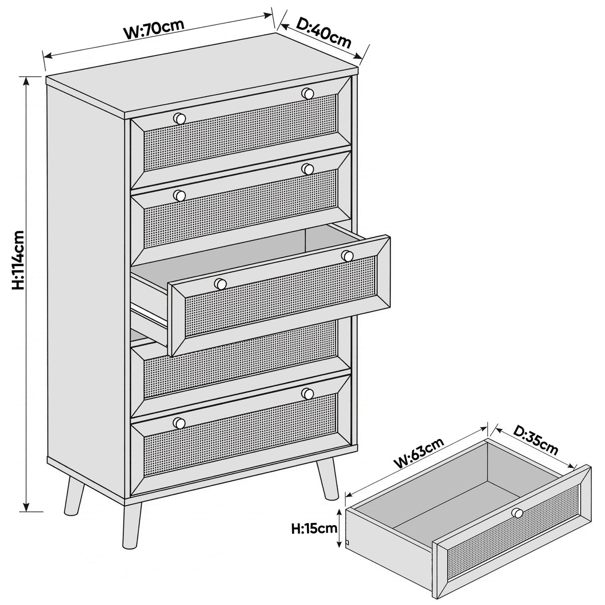 [Oak] chest dimension diagram of 5 drawer chest showing 70cm width 40cm depth and 114cm height and drawer size