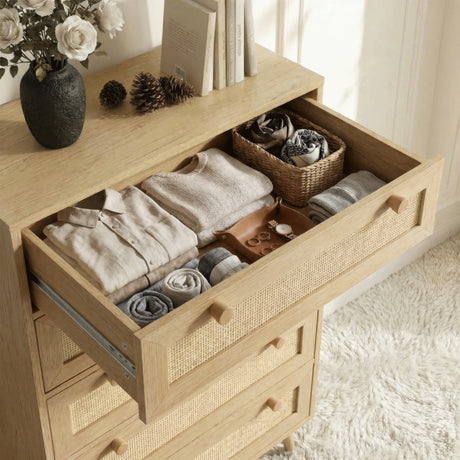 [Oak Effect] Drawer-detail view of Wovena rattan tall chest, 63cm interior holding neatly folded knitwear and small basket