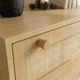 [Oak] rattan 5 drawer chest close-up of cylindrical wooden knob with cane weave texture