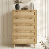 [Oak] Wovena 5 drawer rattan chest styled with vase of flowers books and pinecone against moulded wall
