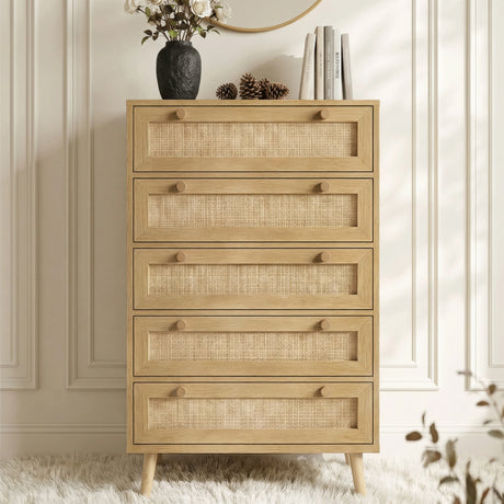 [Oak Effect] Wovena rattan 5 drawer chest face-on with cane mesh fronts, cylindrical wood knobs and four splayed pine legs