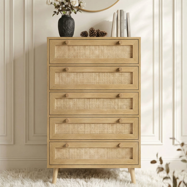 [Oak Effect] Wovena rattan 5 drawer chest face-on with cane mesh fronts, cylindrical wood knobs and four splayed pine legs