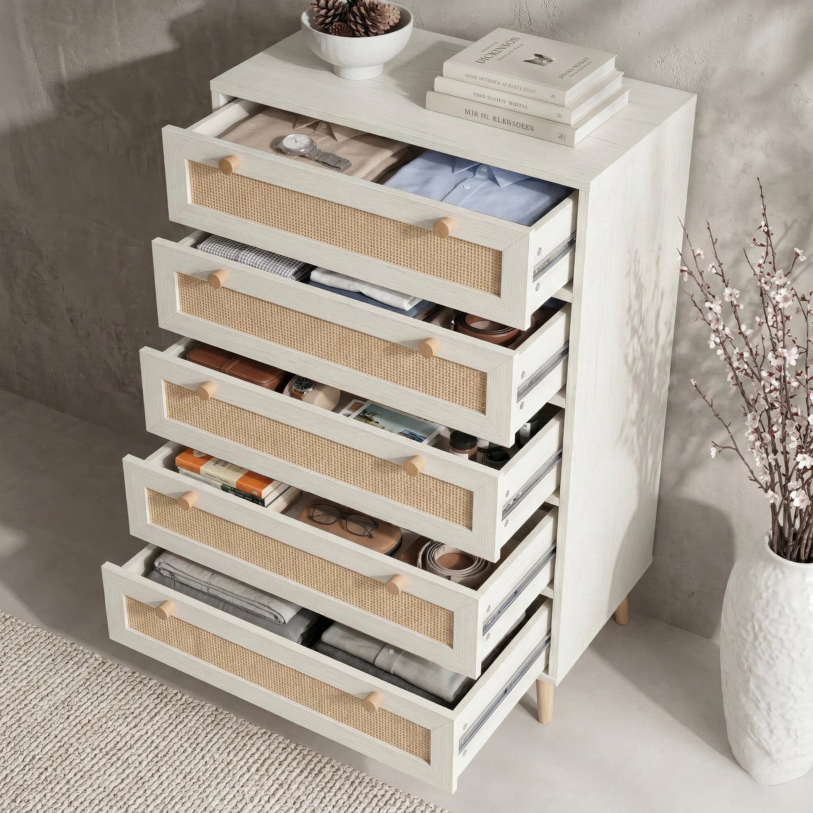 [White] Wovena rattan tallboy chest fully open from above, cane drawers staggered out exposing storage capacity