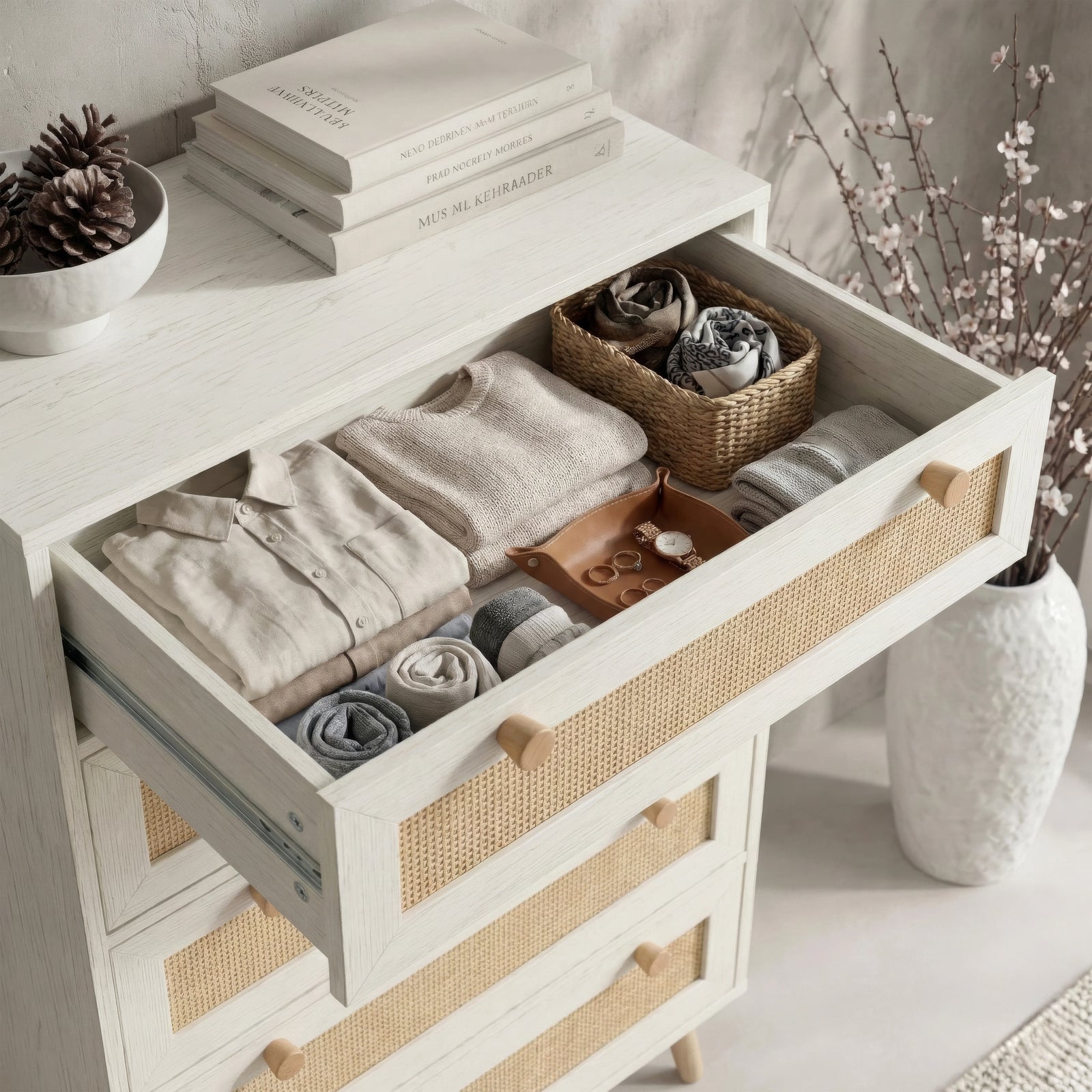 [White] Close view of Wovena rattan tallboy chest top drawer extended, books and pine cone resting on surface