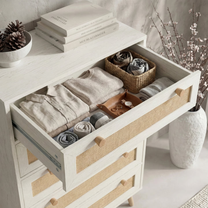[White] Close view of Wovena rattan tallboy chest top drawer extended, books and pine cone resting on surface