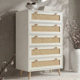 [White] Wovena rattan tallboy chest with five cane drawers angled view, ceramic bowl and round mirror styled on top