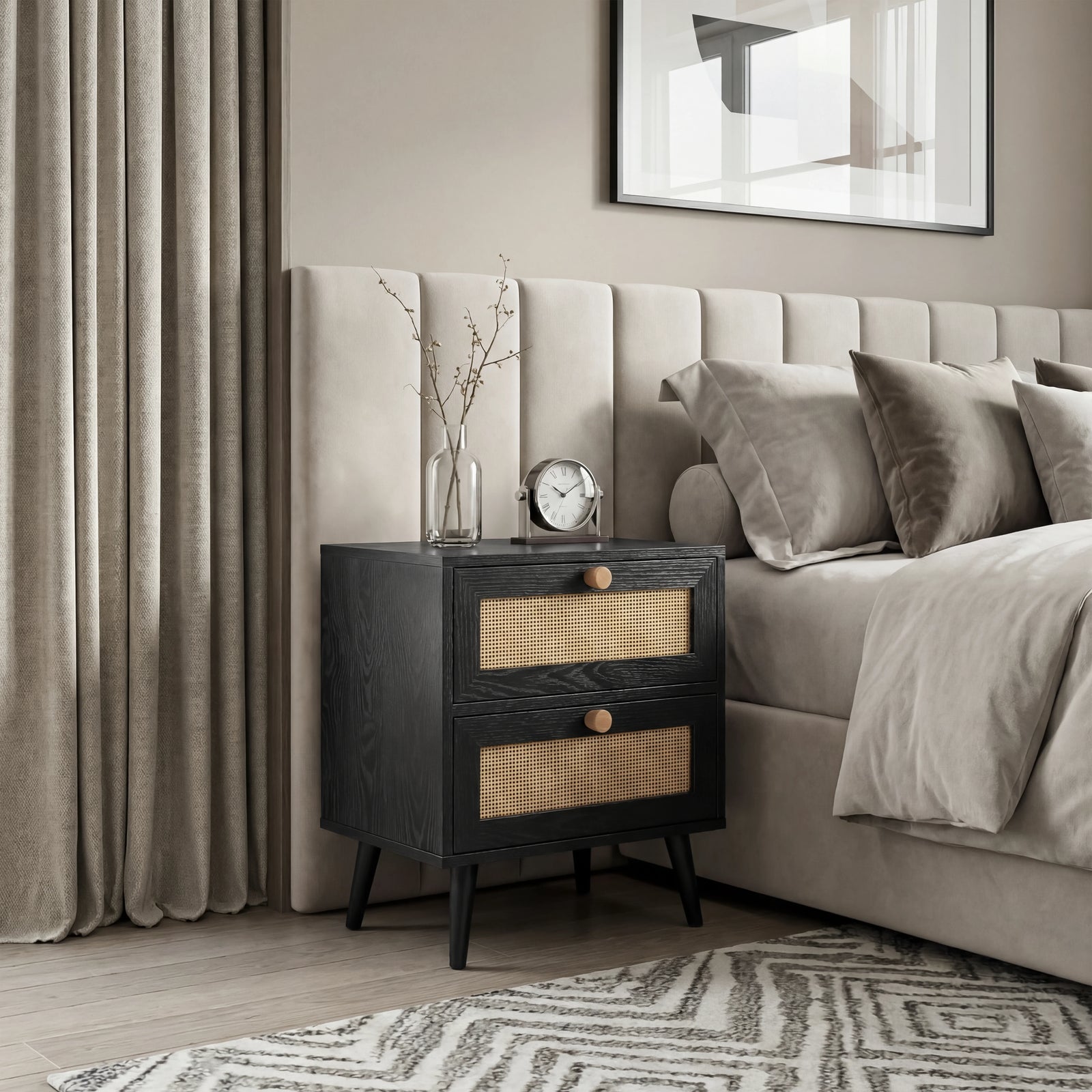 [Black] Wovena rattan bedside placed by upholstered bed and curtains, two cane drawers facing camera