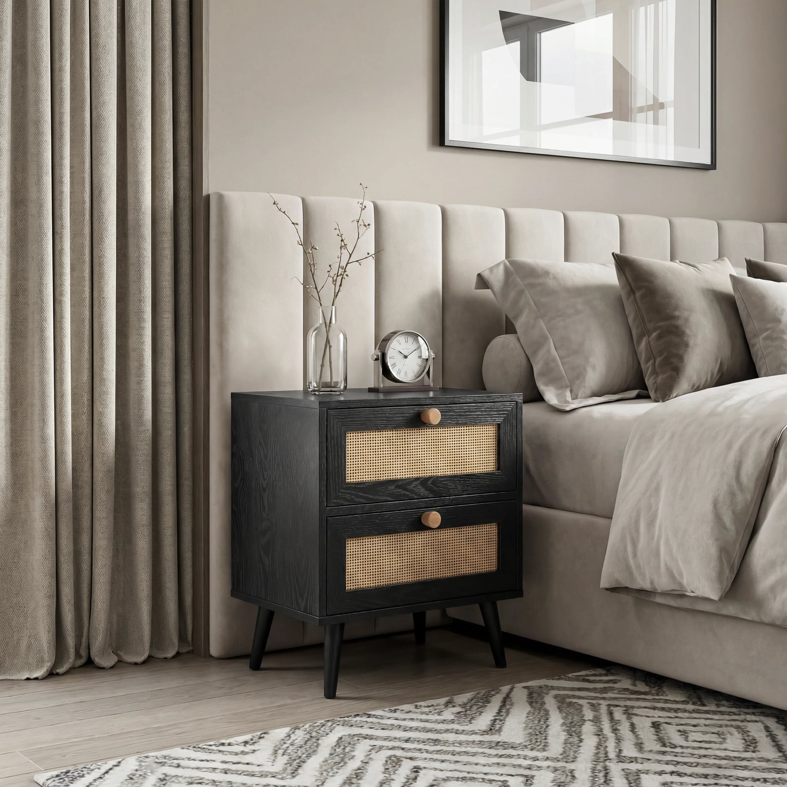 [Black] Wovena rattan bedside placed by upholstered bed and curtains, two cane drawers facing camera