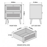 [Black] Wovena rattan bedside dimension diagram: front W 50 cm H 55 cm, side D 40 cm, drawer W 43 D 35 H 16 cm