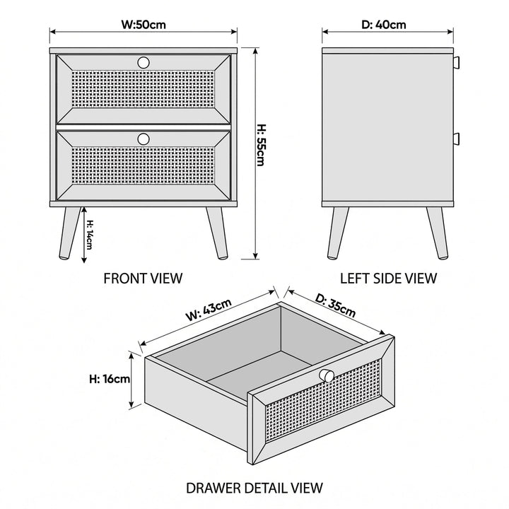 [Black] Wovena rattan bedside dimension diagram: front W 50 cm H 55 cm, side D 40 cm, drawer W 43 D 35 H 16 cm