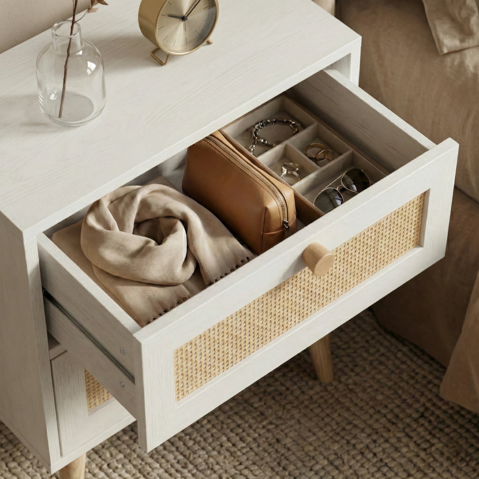 [White] Wovena rattan bedside open top drawer with jewellery tray, tan leather pouch and beige scarf inside