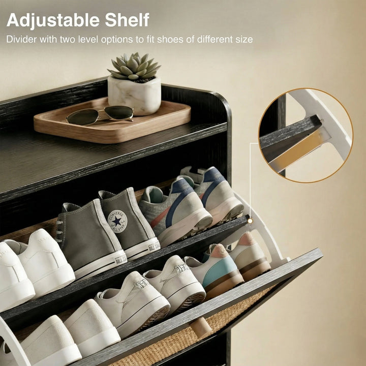 [Black] Wovena Rattan Black 2 Door Shoe Storage Cabinet open drawer showing two-level adjustable shelf with trainers and close-up of black divider bracket positions