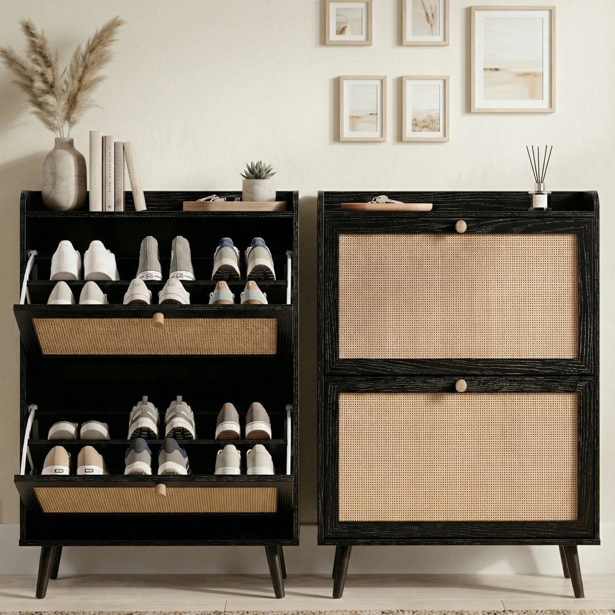 [Black] Wovena Rattan Black 2 Door Shoe Storage Cabinet close and open split view showing two flip-out drawers loaded with trainers against neutral wall with gallery prints