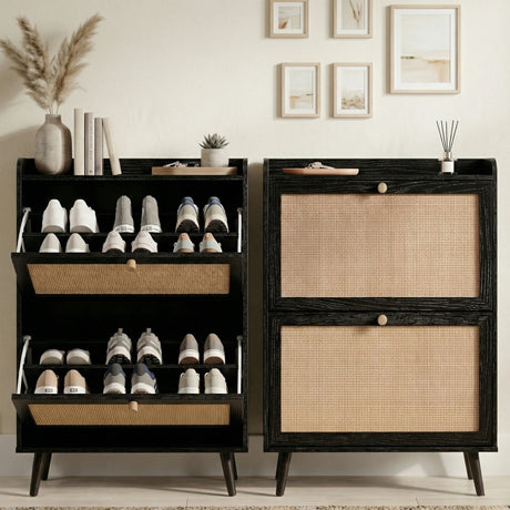 [Black] Wovena Rattan Black 2 Door Shoe Storage Cabinet close and open split view showing two flip-out drawers loaded with trainers against neutral wall with gallery prints