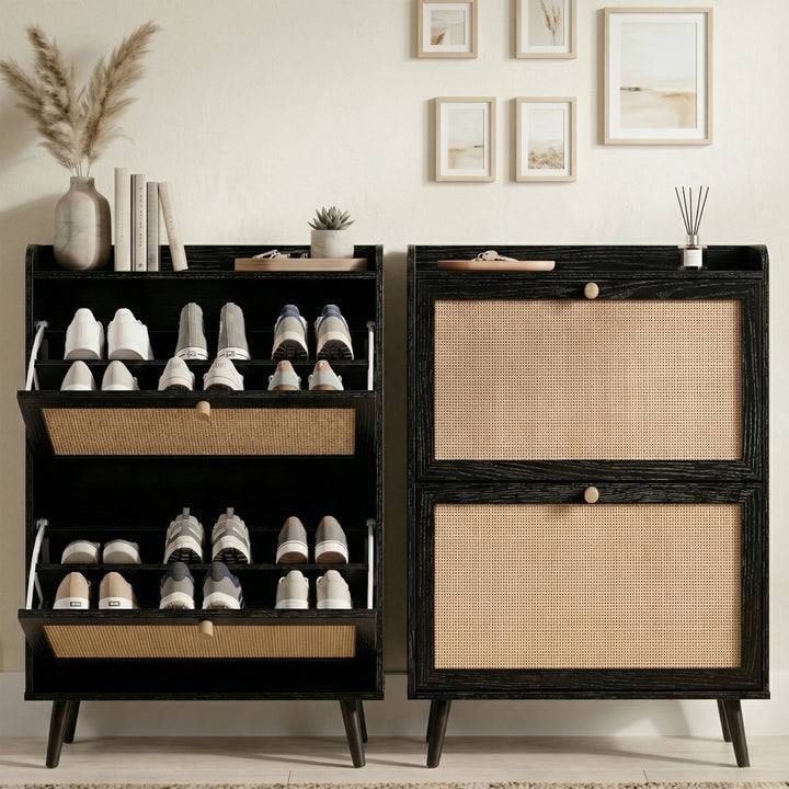 [Black] Wovena Rattan Black 2 Door Shoe Storage Cabinet close and open split view showing two flip-out drawers loaded with trainers against neutral wall with gallery prints