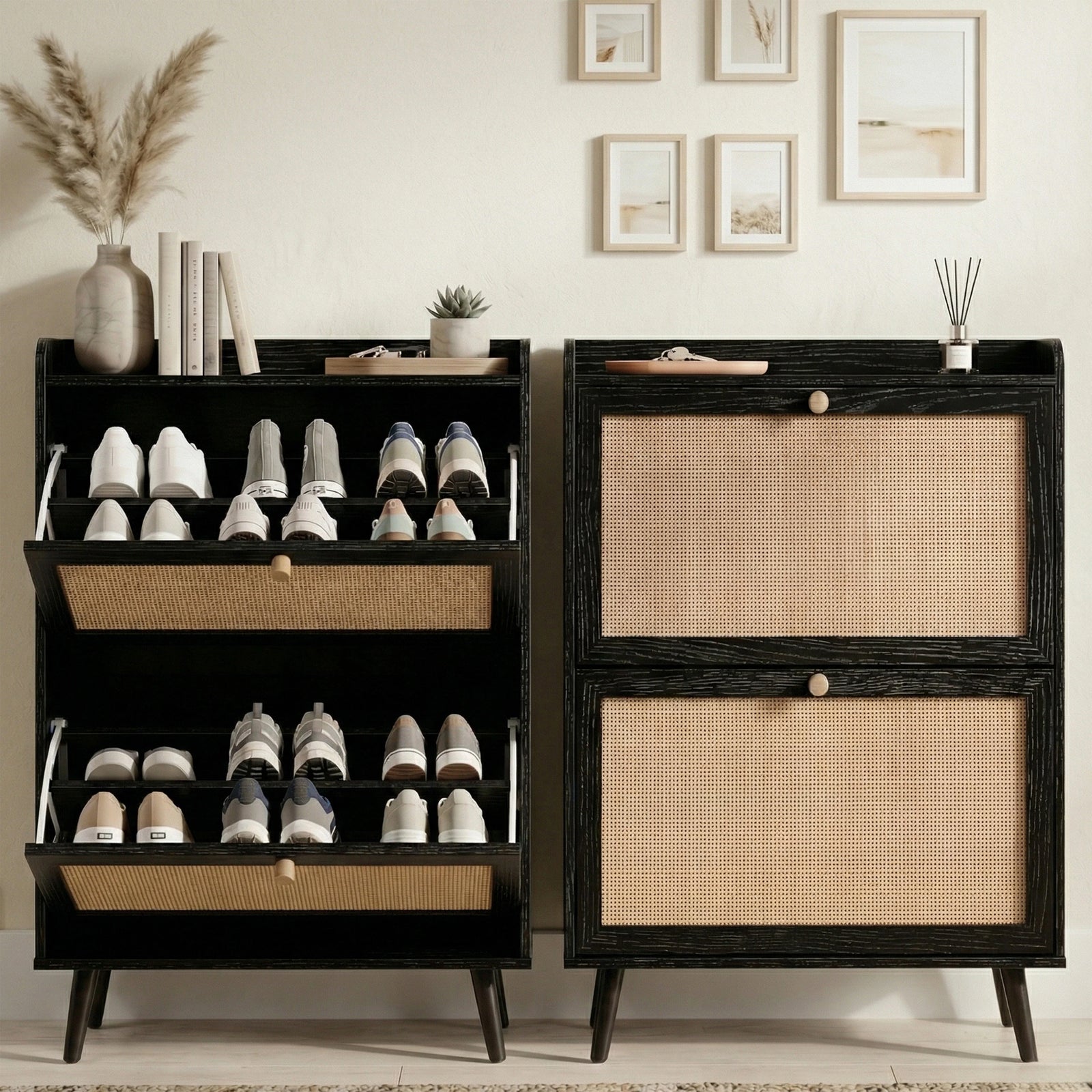 [Black] Wovena Rattan Black 2 Door Shoe Storage Cabinet close and open split view showing two flip-out drawers loaded with trainers against neutral wall with gallery prints