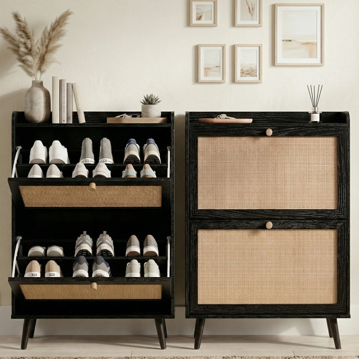 [Black] Wovena Rattan Black 2 Door Shoe Storage Cabinet close and open split view showing two flip-out drawers loaded with trainers against neutral wall with gallery prints