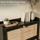[Black] Wovena Rattan Black 2 Door Shoe Storage Cabinet top shelf showing PE rattan drawer finish detail with wooden tray, sunglasses, cream books, and marble pampas vase