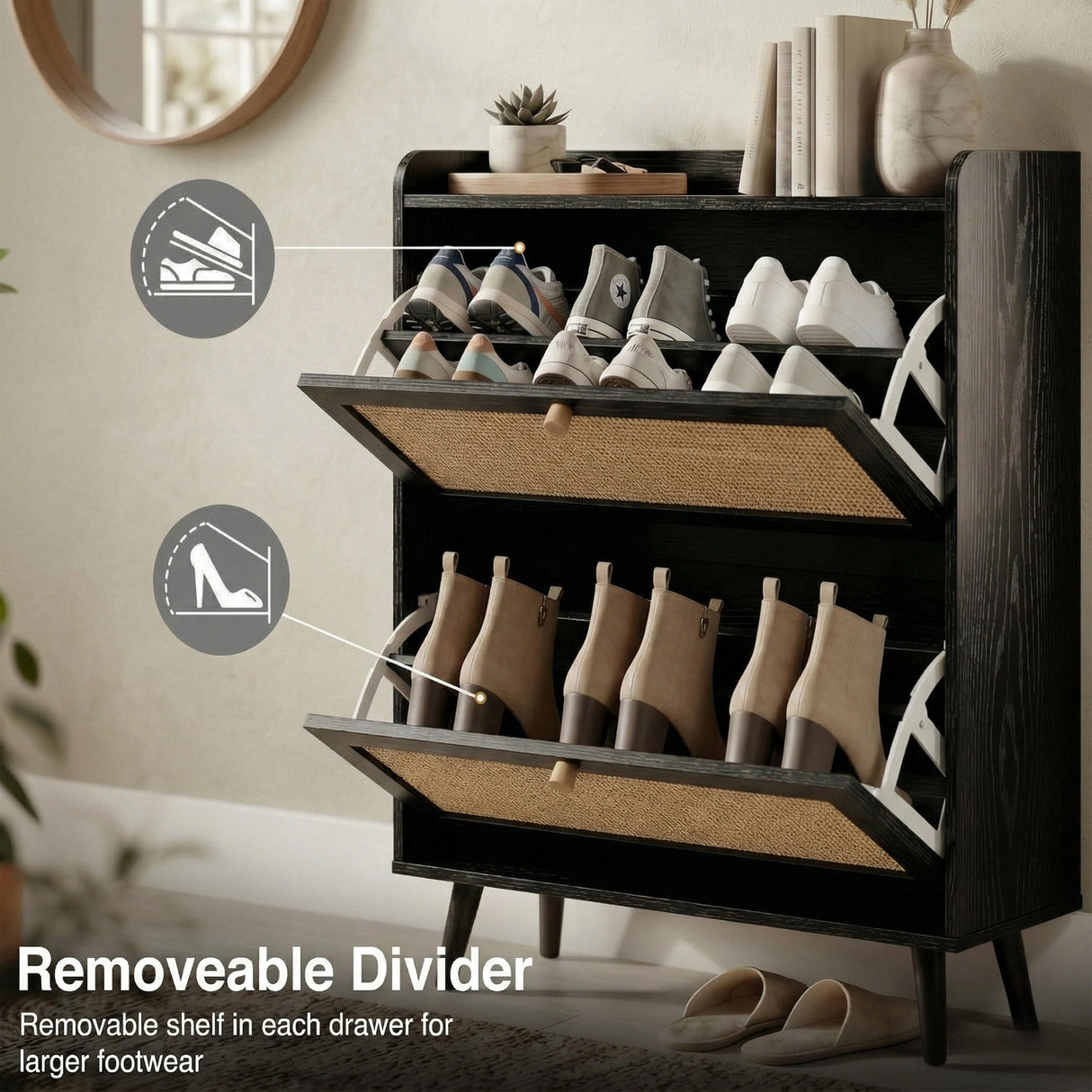 [Black] Wovena Rattan Black 2 Door Shoe Storage Cabinet both drawers open showing removable divider with trainers in upper compartment and ankle boots in lower