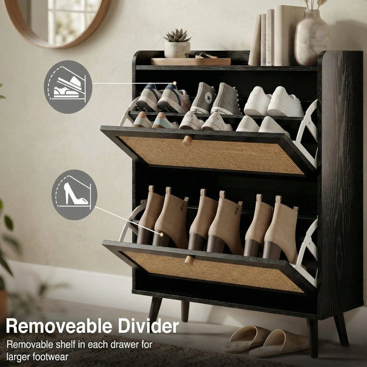 [Black] Wovena Rattan Black 2 Door Shoe Storage Cabinet both drawers open showing removable divider with trainers in upper compartment and ankle boots in lower